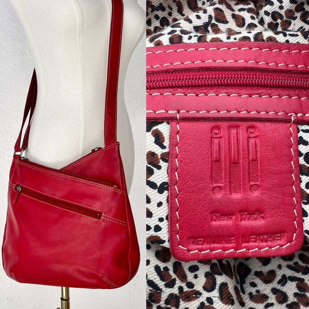 Ili New York Red Leather 3 Compartment Leopard Print Lining Crossbody Bag Purse